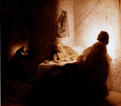 Het avondmaal van Emmaüs Christus verschijnt aan de pelgrims zittend aan een tafel in een herberg in Emmaüs door Rembrandt van Rijn