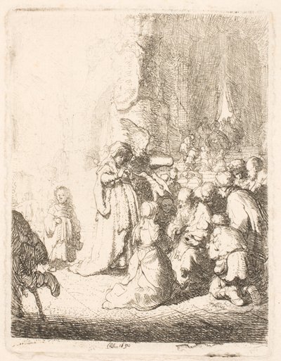 De offerande in de tempel (met de engel): kleine plaat door Rembrandt van Rijn