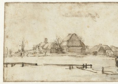 Wintergezicht met een waterweg, huisjes en twee boten door Rembrandt van Rijn