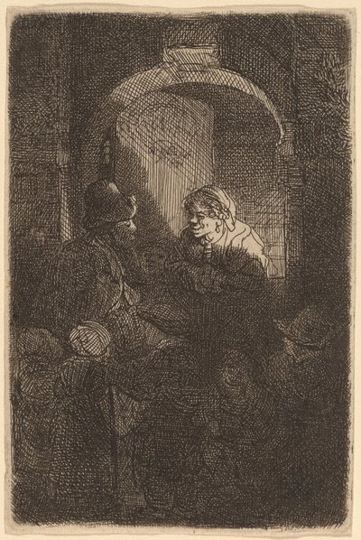 Vrouw bij een Deurluik Praat met een Man en Kinderen (De Schoolmeester) door Rembrandt van Rijn