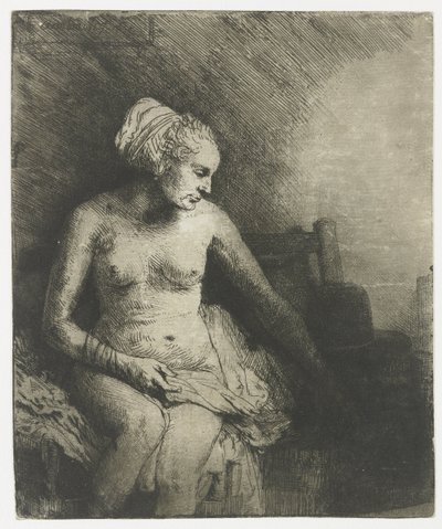 Vrouw in bad, met een hoed naast haar door Rembrandt van Rijn