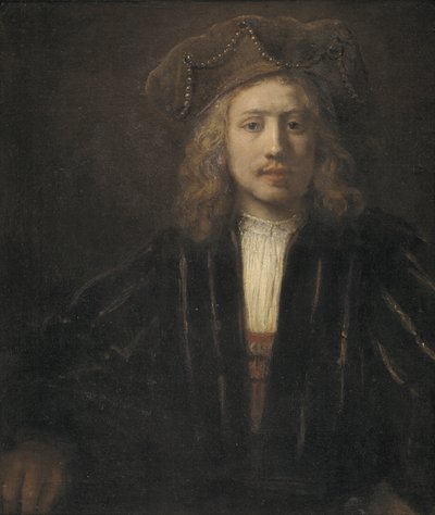 Jonge man met parelversierde hoed door Rembrandt van Rijn