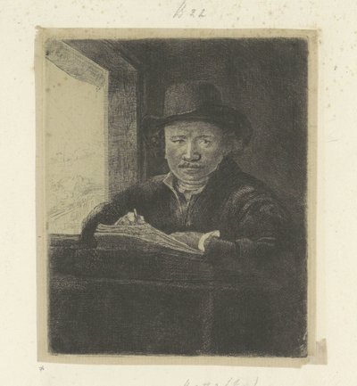 Zelfportret, tekenend aan een venster door Rembrandt van Rijn