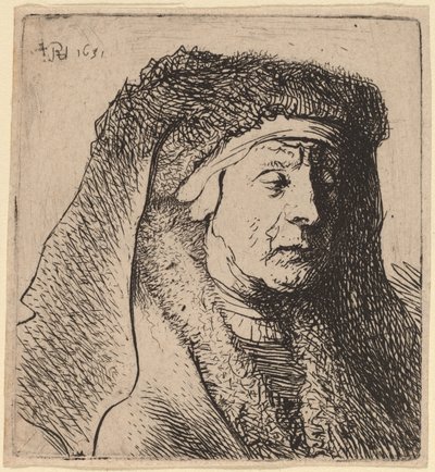 Buste van een Oude Vrouw in een Bontjas en Zware Hoofdbedekking door Rembrandt van Rijn and Studio of Rembrandt