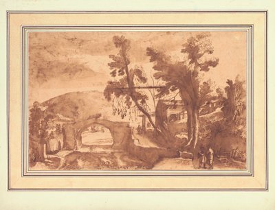 Een berglandschap met een brug over een rivier, figuren op een weg bij een boerderij rechts (inkt  wassing met krijt op papier) door Remigio Cantagallina