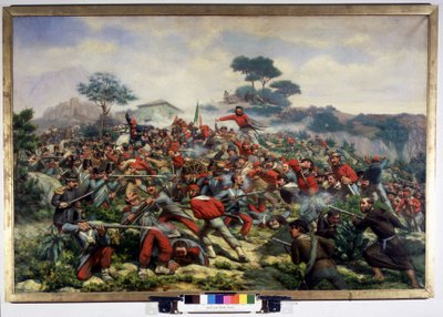 Risorgimento: de slag bij Calatafimi in Sicilië tussen de troepen van Giuseppe Garibaldi (1807-1882), de Duizend tegen het leger van het Koninkrijk der Beide Siciliën, 15/05/1860 door Remigio Legat