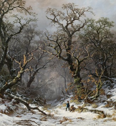 Jagers in het bos in de winter door Remigius Adrianus Haanen