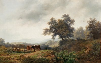Open landschap met koeien en herder door Remigius Adrianus Haanen