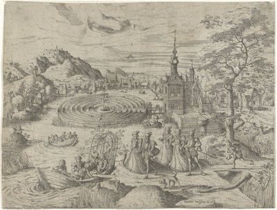 Landschap met gezelschap dat in een boot stapt door Remigius Hogenberg