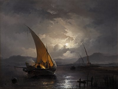 Een nachtlandschap met een zeilboot waar een vuur wordt aangestoken, na 1860 door Remigius van Haanen