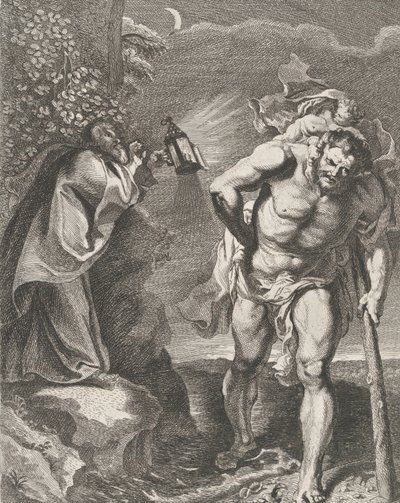 Sint Christoffel die het Christus Kind over een Stroom draagt, een andere man houdt een..., ca. 1636-80 door Remoldus Eynhoudts