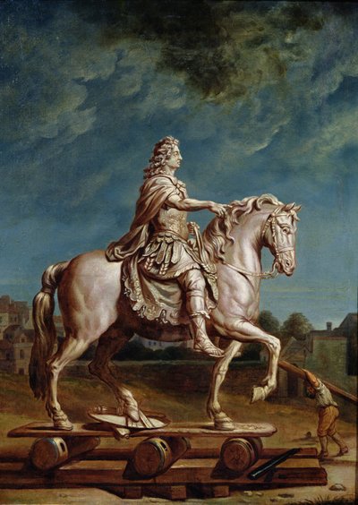 Transport van het Ruiterstandbeeld van Lodewijk XIV vanuit de Werkplaats in het Klooster van de Kapucijnen in 1669 door René Antoine Houasse