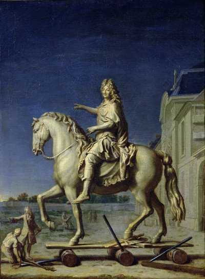 Het transporteren van het ruiterstandbeeld van Lodewijk XIV naar de Place Vendome in 1699, na 1669 door René Antoine Houasse
