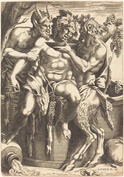 Twee Saters Geven Bacchus Te Drinken door René Boyvin after Luca Penni