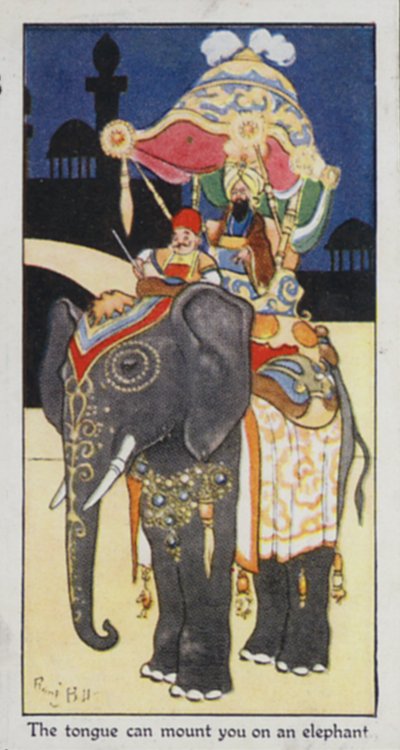 Oosters Spreekwoord: De tong kan je op een olifant zetten (kleur litho) door René Bull