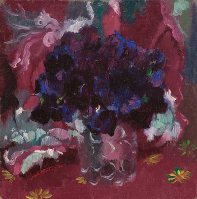 Blauwe viooltjes in een glas door René Fontayne