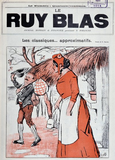Marianne als boerin, met een zakdoek in haar hand, op de stoep van haar huis kijkend naar een man die weggaat om haar te groeten - Tekening door R. Berger voor de omslag van Ruy Blas, januari 1 door Rene Berger