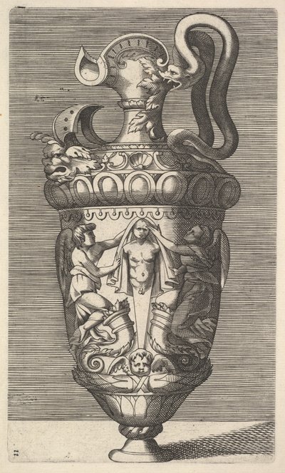 Vaas met twee gevleugelde figuren die een term draperen door Rene Boyvin