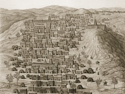 Uitzicht op een deel van de stad Timboektoe vanaf een heuvel, illustratie uit Journal dun Voyage a Tombouctou et a Jenne, 1830 door Rene Caillie