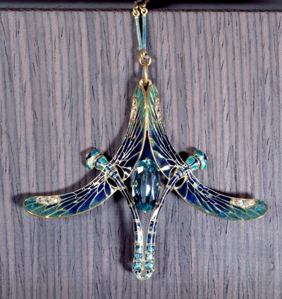 Art Nouveau: hanger Libelle in aquamarijn, goud en email door Rene Jules Lalique
