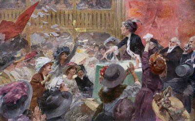 Suffragettes bijeenkomst tijdens een verkiezingscampagne door Rene Lelong