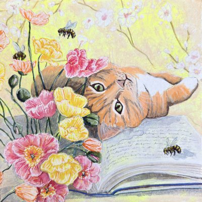 Een kat tussen de klaprozen door Renee Machan Cottagecore Artist