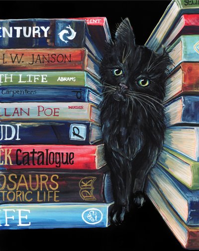 De nieuwsgierige bibliotheekkat door Renee Machan Cottagecore Artist