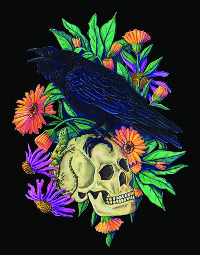 Raven en Skull Bloom door Renee Machan Cottagecore Artist
