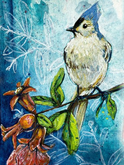 Tufted Titmouse Granaatappel door Renee Machan Cottagecore Artist