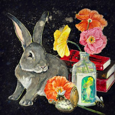Speels konijnenstilleven door Renee Machan Cottagecore Artist