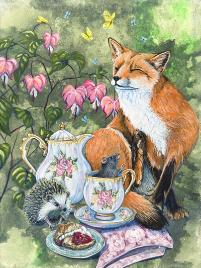 "Afternoon Tea" – Vos, egel en muis met hartjesbloemen, door Renee Machan door Renee Machan Cottagecore Artist