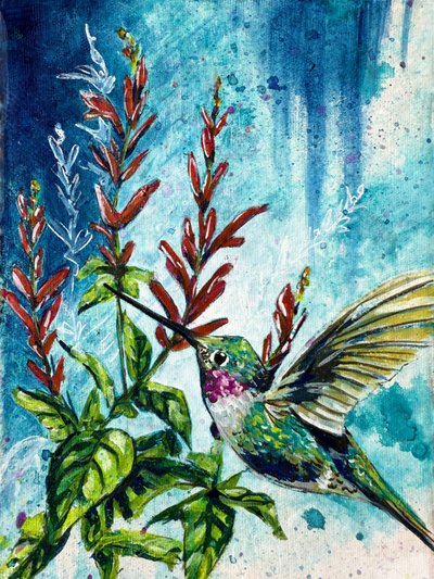 "Hover" Kolibrie en ananassaliebloemen Door Renee Machan door Renee Machan Cottagecore Artist