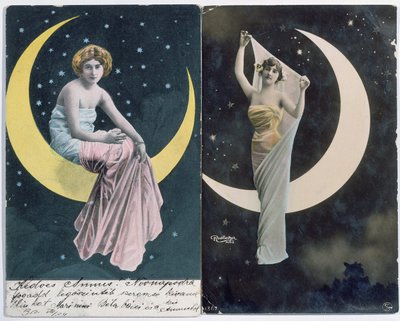 Hongaarse (links) en Franse (rechts) ansichtkaarten met een vrouw en een halve maan (ca. 1910) door Reutlinger Studio