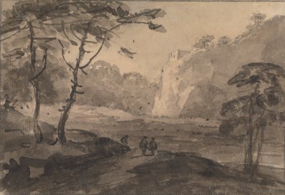Landschap met drie figuren op een weg door Rev. William Gilpin