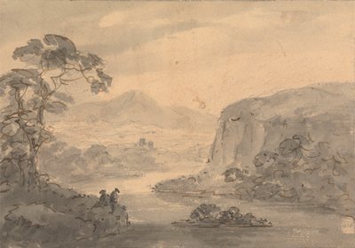 Bergachtig Landschap met Twee Figuren die uitkijken over een Meer door Rev. William Gilpin