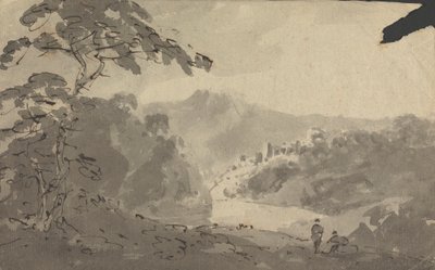 Twee mannen kijken naar landschap met kasteel, rivier en berglandschap door Rev. William Gilpin
