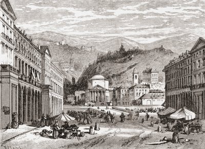 Een straat in Turijn, Italië in de late 19e eeuw. Uit Italiaanse afbeeldingen door Rev. Samuel Manning, gepubliceerd ca. 1890. door Reverend Samuel Manning
