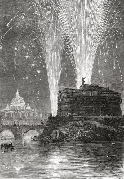 Verlichting van St. Pieter en vuurwerkshow op de Castel Sant