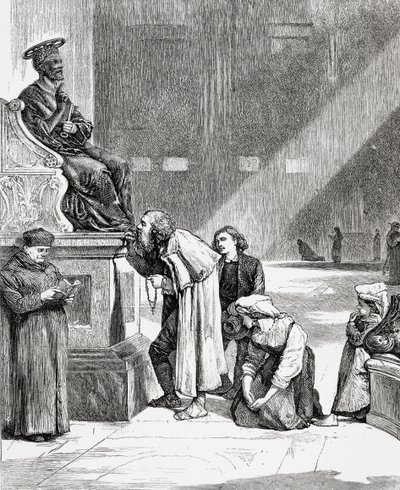 Mensen kussen de voeten van het standbeeld van Sint-Pieter in de Sint-Pietersbasiliek, Vaticaanstad, Rome in de late 19e eeuw. Uit Italiaanse afbeeldingen door Rev. Samuel Manning, gepubliceerd ca. 1890. door Reverend Samuel Manning