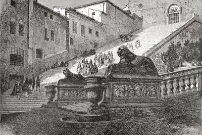 Trap die leidt naar de Basiliek van St. Mary van het Altaar van de Hemel, Rome, Italië in de late 19e eeuw. Uit Italiaanse Afbeeldingen door Rev. Samuel Manning, gepubliceerd c.1890. door Reverend Samuel Manning