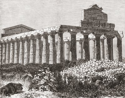 Tempel in Paestum, Italië in de late 19e eeuw. Uit Italiaanse Afbeeldingen door Rev. Samuel Manning, gepubliceerd ca. 1890. door Reverend Samuel Manning