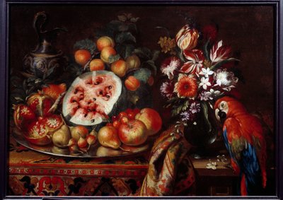 Stilleven met rode papegaai en fruit door Reynaud Levieux