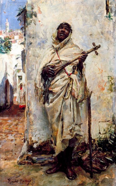 Arabische muzikant. Schilderij van Ricardo de Madrazo Y Garreta (1852-1917). Olieverf op hout. Privécollectie. door Ricardo de Madrazo y Garreta