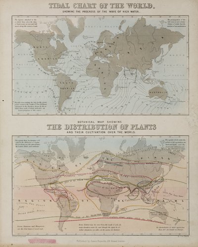 Een getijdenkaart en een kaart van de verspreiding van planten over de wereld, ca. 1850 door John Pardon