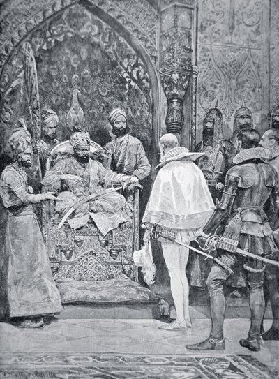 Akbar de Grote ontvangt de ambassadeur van Koningin Elizabeth in 1599 door Richard Caton (after) Woodville