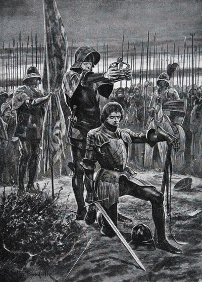 Henry VII gekroond in Bosworth, illustratie uit 