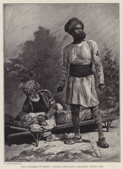 De gevaren van genade, Indiase Ambulance Dragers onder vuur door Richard Caton II (after) Woodville