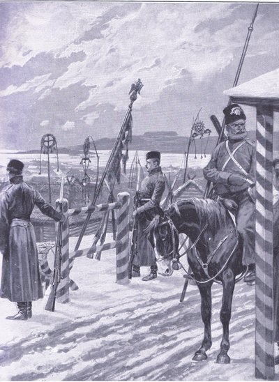 Een Kozakkenstation in Mantsjoerije met stamtekens boven de hutten van de mannen, illustratie uit Cassells History of the Russo-Japanese War Vol 1, ca. 1900 door Richard Caton Woodville