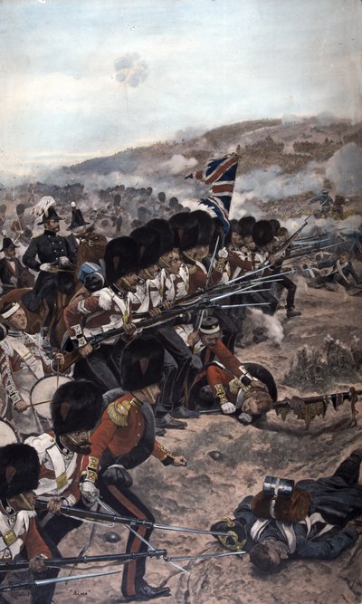Een rij Coldstream Guardsmen met vaste bajonetten die onder vuur naar de vijand oprukken, Slag bij Alma, Krimoorlog (1854-56) 1896 door Richard Caton Woodville