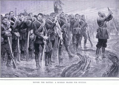 Voor de slag: Een Russische gebed voor succes, illustratie uit Cassells History of the Russo-Japanese War Vol 1, ca. 1900 door Richard Caton Woodville